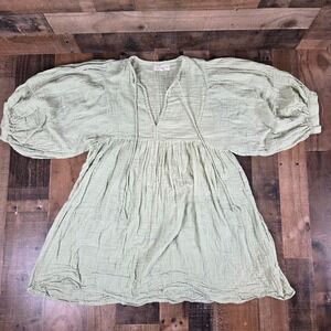 Daughters of India Kyra Mini Shirt Sun Dress Green Puff Sleeve Boho Flowy Large